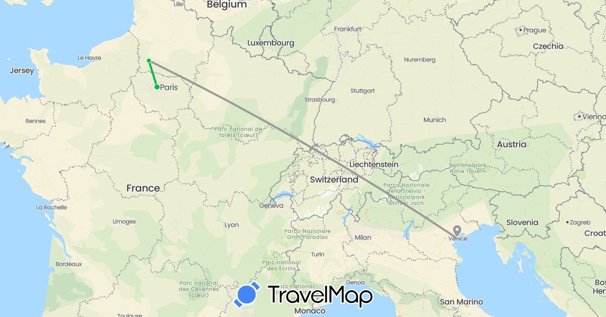 TravelMap itinerary: bus, plane in France, Italy (Europe)